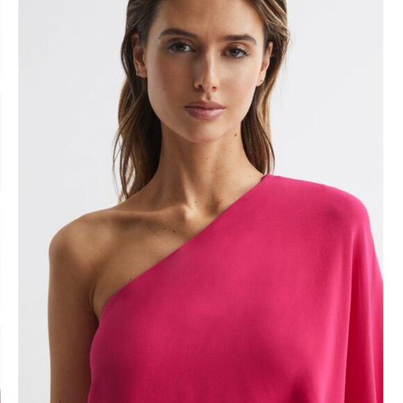 REISS | NWT Blake One Shoulder Chiffon Cape Mini Dress in Bright Pink, Size 2 🇬🇧 - Picture 3 of 13